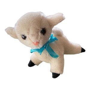 EASTER Lamb Plush Spring Stuffed Animal White Blue Ribbon Sheep Toy Basket Gift